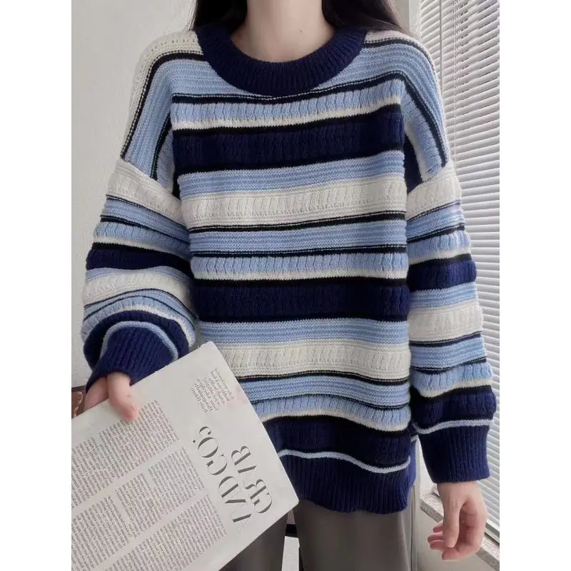 Advbridge Autumn Winter Korean Stripe Fried Dough Twists Sweater Women's 2024 Splice Pullovers O-Neck Fashion Loose Long Sleeve Knit Top