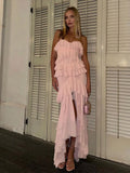 Advbridge Sweet Pink Layered Ruffles Split Women's Strapless Dress Elegant Backless Off Shoulder Maxi Vestido Chic 2024 Female Party Robes
