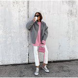 Advbridge Loose Woolen Blends Big Pockets  Autumn Jacket Women Long Sleeve Elegant Single Breasted Lady Grey Commuter Street Coat