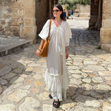 ADVBRIDGE  -  Tassel Fringes Lace Up Women's Long Dresses Elegant V-neck Puff Sleeve Cascading Ruffle Female Robes Female 2025 Beach Vestidos