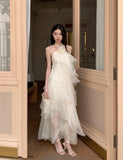 ADVBRIDGE  -  French Style Chic Hanging Neck Dress Women Elegant Flower Off Shoulder Sexy Ruffle Fashion Vestido Casual Apricot Dresses Summer