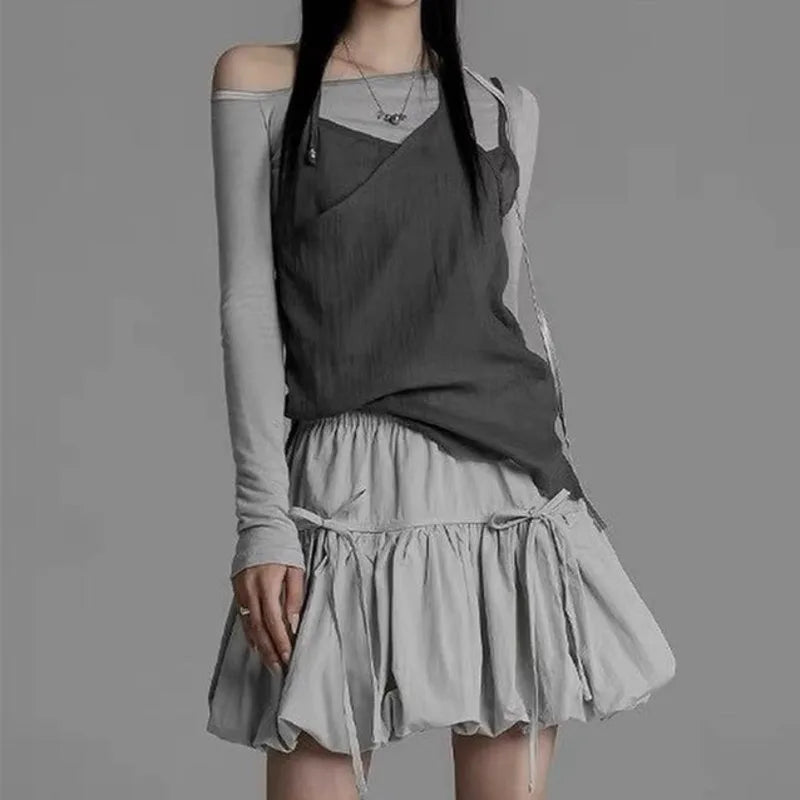Advbridge Korean Lace-up Pleated Mini Skirts Nylon Solid Ruffles Bowknot Short Dress Streetwear Loose A-line Skirts For Women 2024 Summer