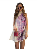 ADVBRIDGE  -  Printed Halter Short Dress Hanging Neck Satin Pleated High Neck Backless Fluffy Baggy Fashion Beach Dresses Women's Clothing