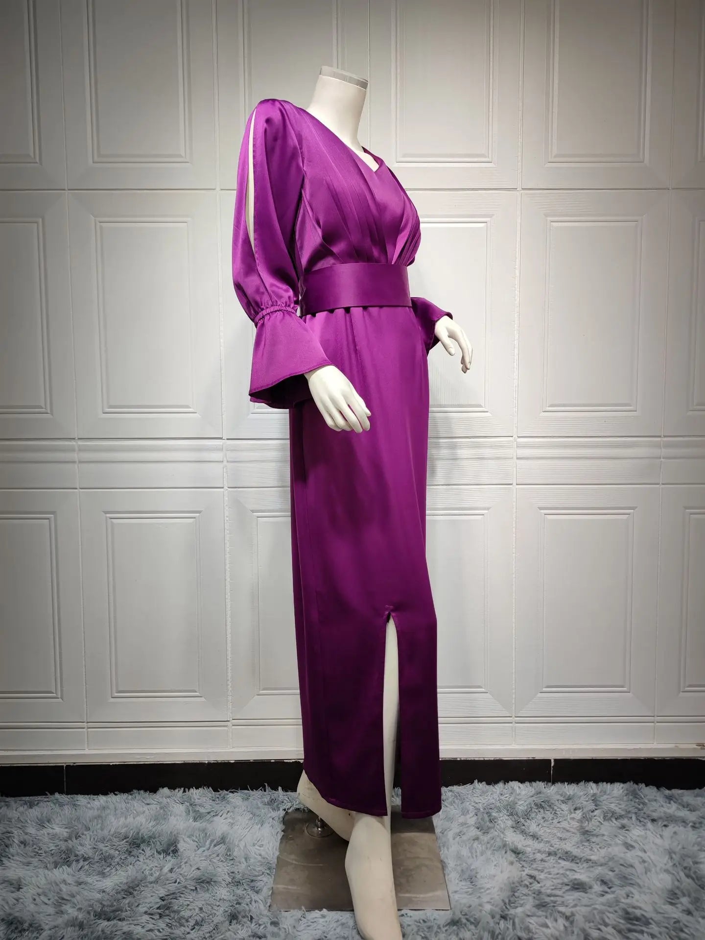 Advbridge Elegant Purple Satin Dresses Pleated V Neck Long Flare Sleeve with Slit Wide Waistband Stylish Wedding Evening Party Event Gowns