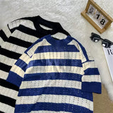 ADVBRIDGE  -  Summer Ice Silk Short Sleeve Men's Mesh Quick-drying T-shirt Loose Clothes Men's Striped Contrast Silk T-shirt Men Q44