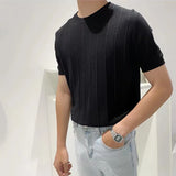 ADVBRIDGE  -  Light Mature Style Men's Light Luxury Ice Silk Knitted Polo Shirt New Trendy Brand Simple Vertical Pattern Droop Short Sleeves