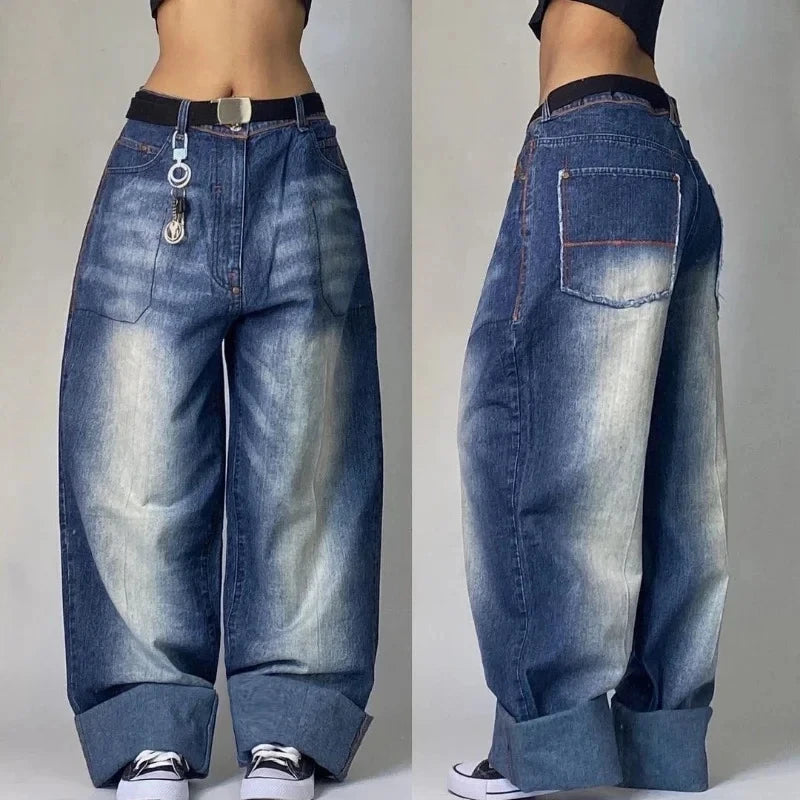 Street Retro Popular Straight Wide-leg Jeans Female Y2K Street Harajuku Hip-hop Joker Mop Baggy High-waisted Denim Trousers