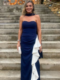 ADVBRIDGE  -  Elegant Patchwork Lotus Leaf Edge Dress Chic Scarf Collar Slim Fit Open Fork Sleeveless Gown New Lady Summer Party Club Vestidos