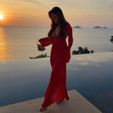 ADVBRIDGE  -  Sexy Deep V Neck Knitted Long Dress For Women Long Sleeve Solid Casual Long Robes 2025 New Lady Spring Vacation Beach Dresses