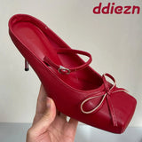Advbridge Female Red Pumps Footwear Women Heels Mules Shoes Slippers New 2024 Fashion Butterfly-Knot Ladies Thin High Heels Slides Shoes