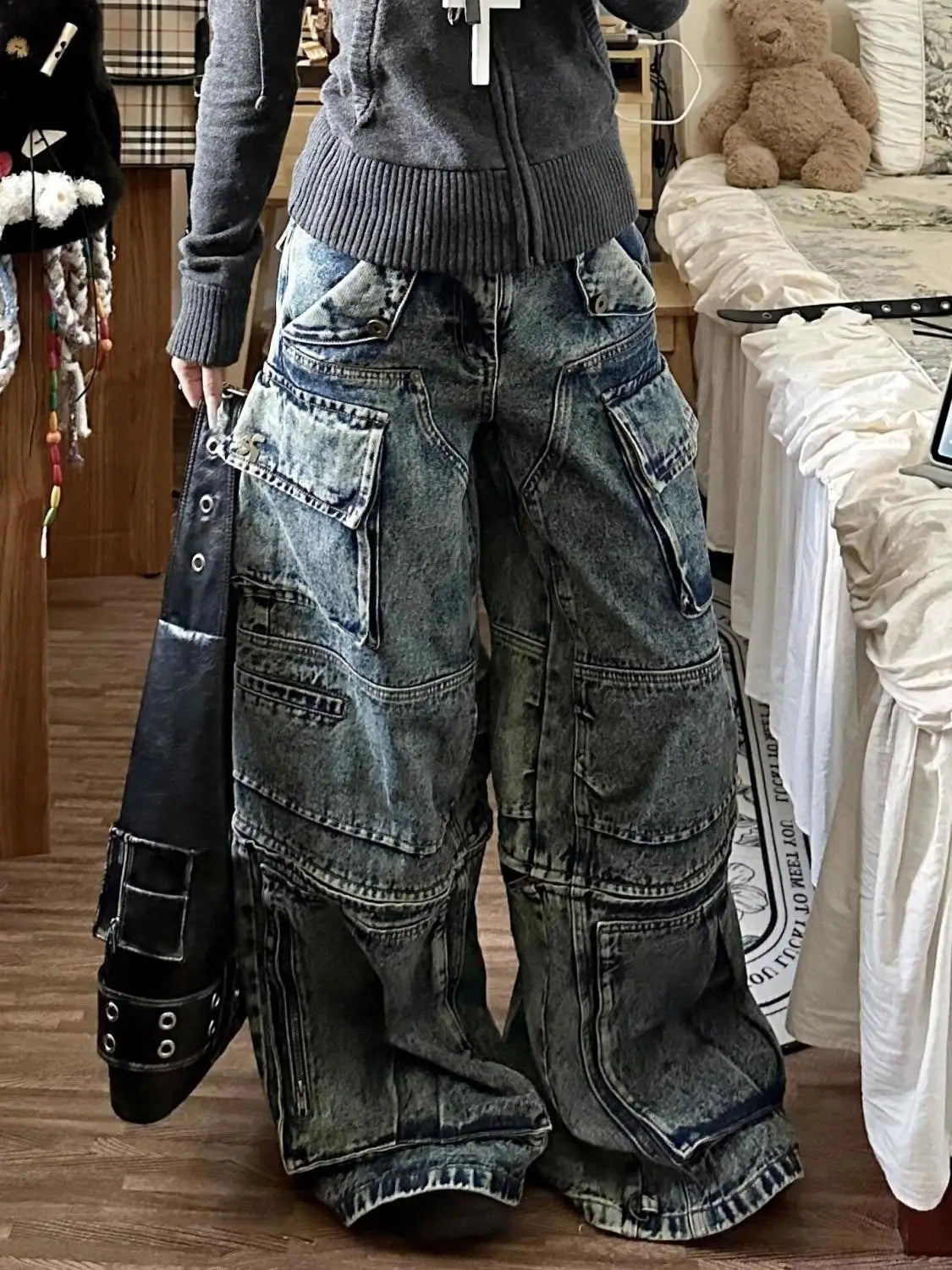 Advbridge Stylish High Street Multi-Pocket High Waist Jeans Cargo Pants Women American Vintage Wide Leg Jeans Harajuku Hip Hop Y2k Jeans