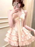 ADVBRIDGE  -  France Sweet Lace Pink Dresses Women Design Elegant Slim Bow Skinny Dress Female Fashion Lovely Sleeveless Dress Clothing New
