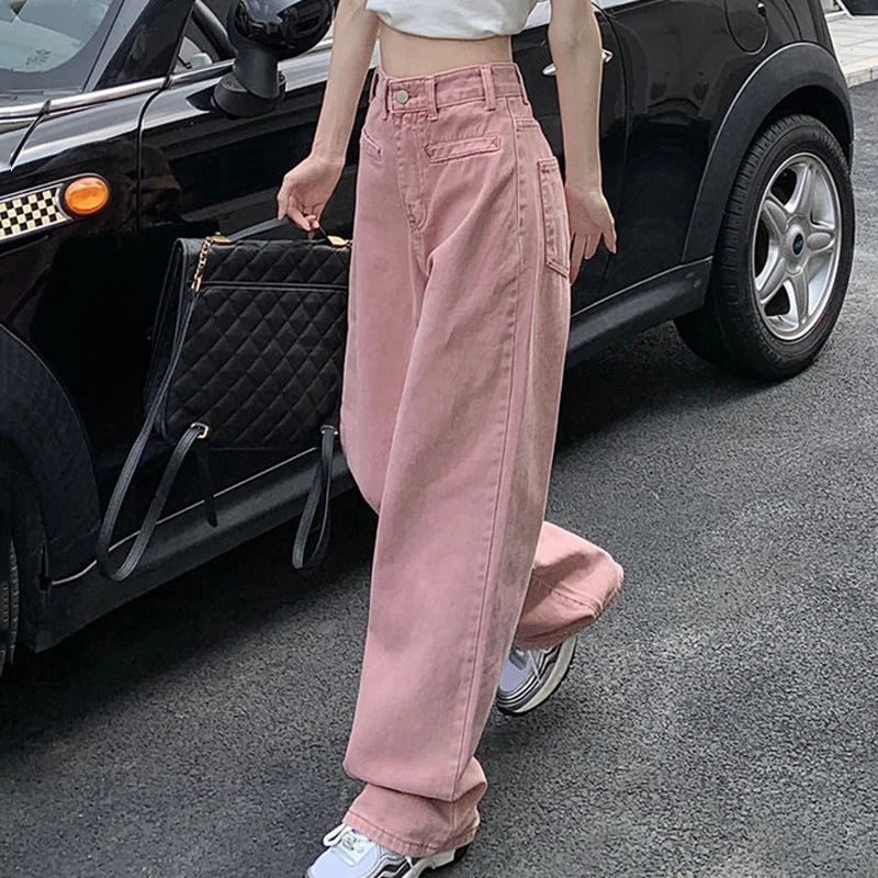 Advbridge - 2024 Harajuku Loose Pink Jeans Women Streetwear High Waist Wide Leg Pants Woman Simple Baggy Straight Trousers Female