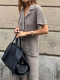 Advbridge 2024 Autumn Women Chic Solid Knitted 2 Piece Sets Elegant Lapel Buttons Short Sleeve Tops Loose Pants Suit Female Casual Outfits