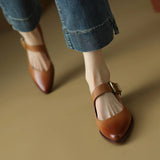 Advbridge NEW Spring/Fall Women Pumps Genuine Leather Shoes for Women Pointed Toe Chunky Shoes Mid-Heel Mary Janes Retro Belt Buckle Shoes