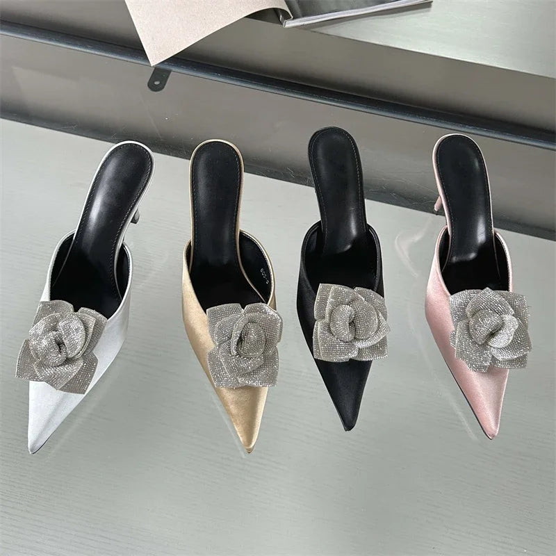 ADVBRIDGE  -  Designer CRYSTAL Flower Silk Pointed Toe Women Slippers Fashion Thin Heels Party Dress Ladies Mule Shoes