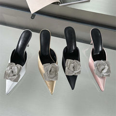 ADVBRIDGE  -  Designer CRYSTAL Flower Silk Pointed Toe Women Slippers Fashion Thin Heels Party Dress Ladies Mule Shoes