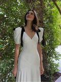 Advbridge Fashion Shoulder Bow White Dress for Women Sexy V Neck Puff Sleeve Maxi Dresses 2024 Summer Elegant Office Lady Party Vestidos