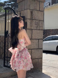 Advbridge Summer Women Sleeveless Sweet Pink Print Beach Dress Female Slim Holiday  Halter Mini Dress Tierred Birthday Party Dress
