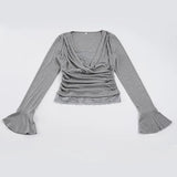 ADVBRIDGE  -  Temperament French High Street Sexy Deep V Neck Long Sleeve Shirt Fashion Cross Pleated Design Lazy Fake 2 Piece Y2k Elegant Top