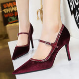 Advbridge Women 10cm High Heels Pointed Toe Pumps Fashion Lady Stiletto High Heels Burgundy Wedding Bridal Velvet Mary Janes Party Shoes