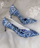 Advbridge Blue and White Porcelain Printed High Heels Women Pupms Pointed Toe Stiletto Single Shoes Banquet Temperament Women's Shoes