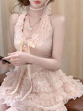 ADVBRIDGE  -  France Sweet Lace Pink Dresses Women Design Elegant Slim Bow Skinny Dress Female Fashion Lovely Sleeveless Dress Clothing New