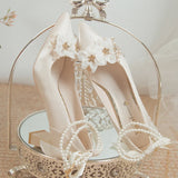 Advbridge Elegant Flowers High Heels Pumps Women 2024 New Pearl Ankle Strap Wedding Shoes Woman String Bead Small Square Heel Bridal Shoes