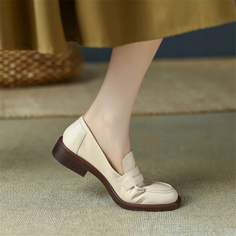 Advbridge Spring Cow Leather Women Shoes Casual Round Toe Loafers Thick Heel Slip-On Shoes for Women Retro Women Pumps Zapatos De Mujer