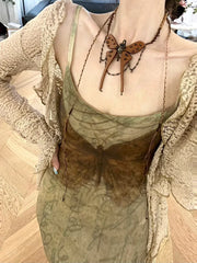 Advbridge Two Pieces Set Japanese Chic Casual Grunge Cropped Cardigans + Vintage Y2k Aesthetic Slim Waist Tunic Sexy Butterfly Print Dress