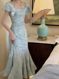 Advbridge Elegant Evening Party Midi Dresses for Women Summer French Vintage Halter Print Mermaid Slim Female Clothes Blue Dress Robe