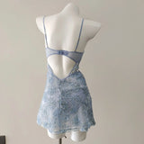 ADVBRIDGE  -  Cute Sleep Dress Lolita Night Women Sleepwear Small Chest Hollow Out Flower Lace Mesh Suspender Nightdress with Panty Pajama Set
