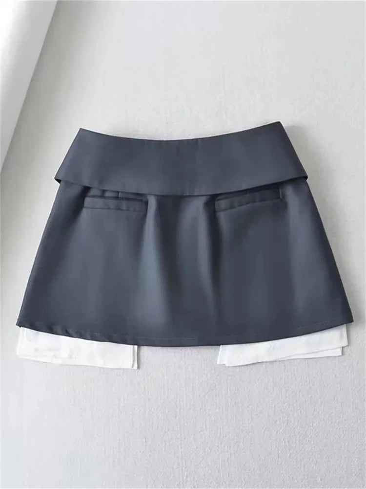 Advbridge New Mini Skirt For Women High Waist Gray Pleated Skirt A-Line Turn-Down Shorts Y2k Skirt With Pockets Streetwear