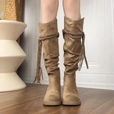 Advbridge Ladies Mid Calf Shoes Tassel Middle Heel Round Toe Brown Women's Half High Boots Trend  Cosplay Spring Autumn Winter Novelty