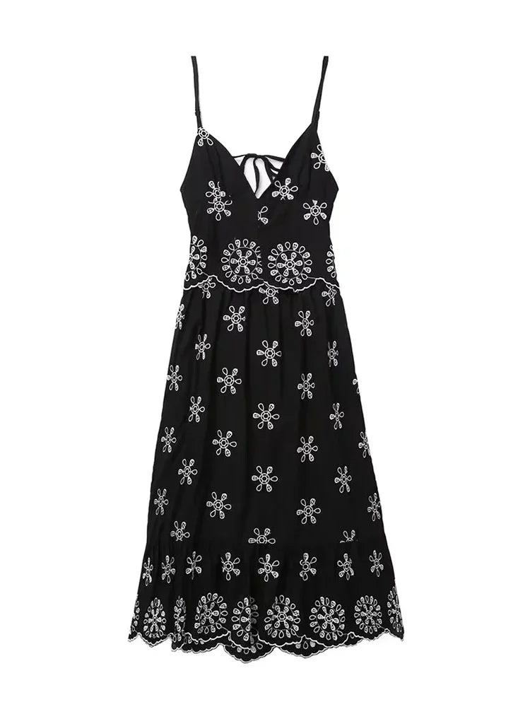 Advbridge Flower Embroidery Boho Beach Summer Dress Women Black Cotton Vintage Sundress Smocked Tie Up Holiday Party Long Maxi Vestidos