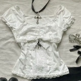 Advbridge Lace White Slim Kawaii Cute Women Clothes T shirt Suit Harajuku Sexy Sweet Girl Japanese Grunge Crop Top 90s Baby Tee Femme Y2k