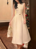 ADVBRIDGE  -  Luxury French Elegant Vintage White Midi Dress Slim Wasit Sleeveless A-Line Momen's Dresses Prom Female Clothes New Mujer 2025
