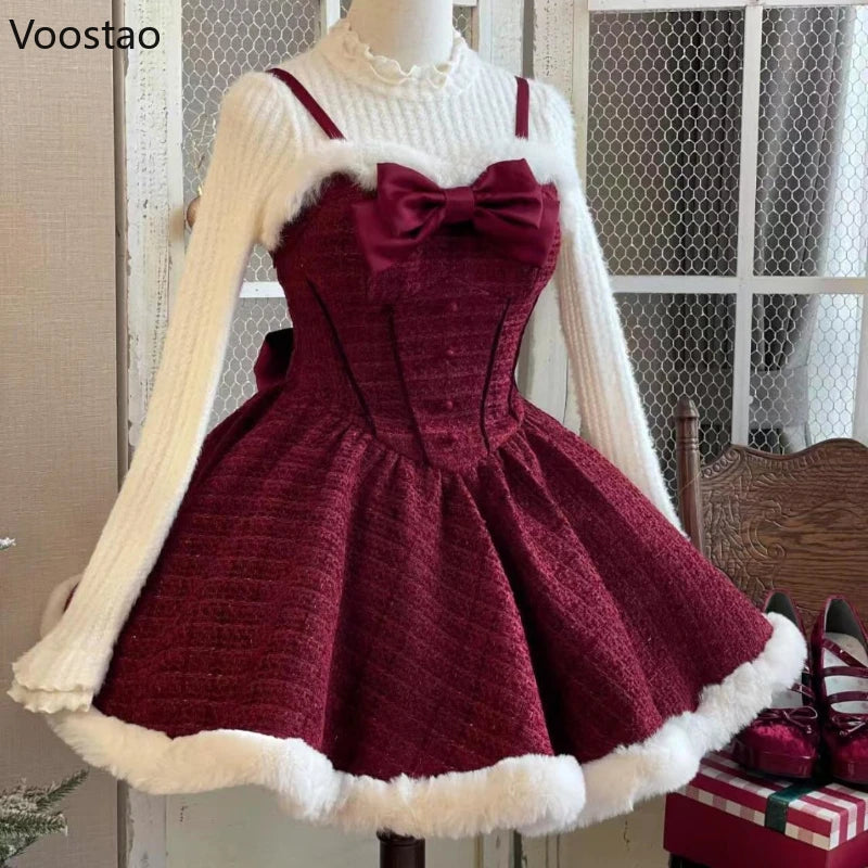 Advbridge Japanese Sweet Lolita Dress Set Women Kawaii Bow Plush Shawl Short Jackets Party Mini Dress Suit Christmas New Year 3 Piece Set