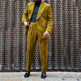 Advbridge Men's Corduroy Suit Double Breasted Gun Lapel 2 Piece Jacket + Pants Best Party Casual Men's Wedding Outfit Full Suit