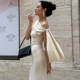 Advbridge Sexy Sleeveless Slim Maxi Dresses Elegant Ladies Solid Knot Bandage Evening Dresses Diagonal Collar Bodycon Long Dress For Women