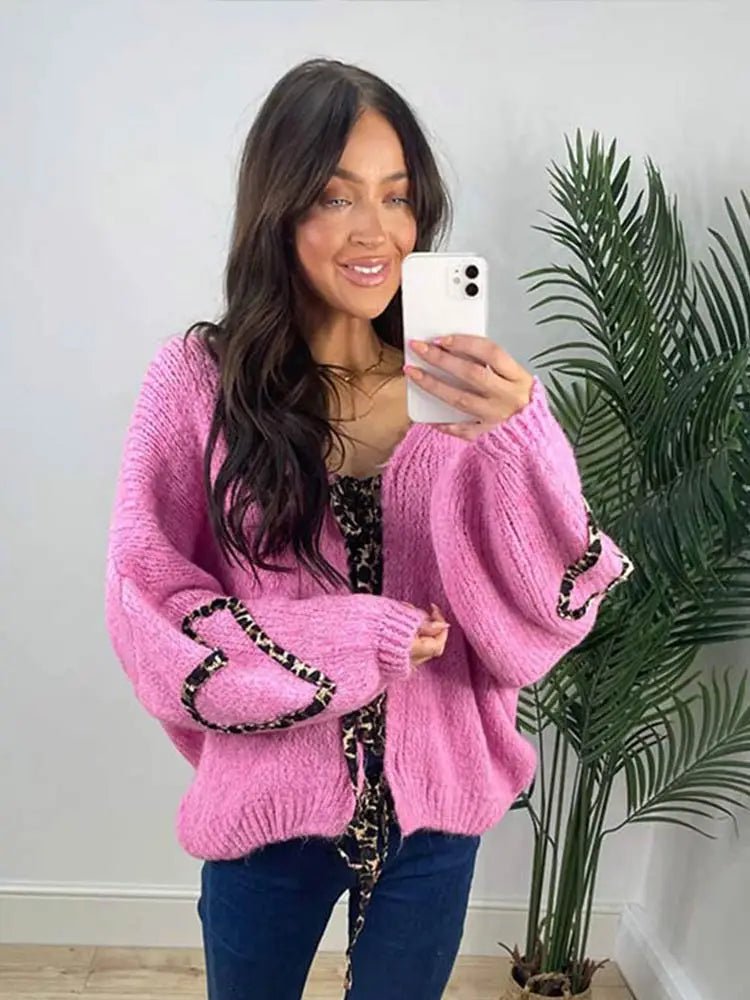 Advbridge Leopard Printed Women Knitted Sweater Hollow Out Lace Up Bow V Neck Female Loose Cardigan 2024 Autumn High Street Lady Sweaters