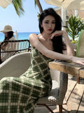 ADVBRIDGE  -  Summer Green Plaid Suspender Dress Women Summer Sleeveless V-neck Sexy Hip-wrapped Long Dress