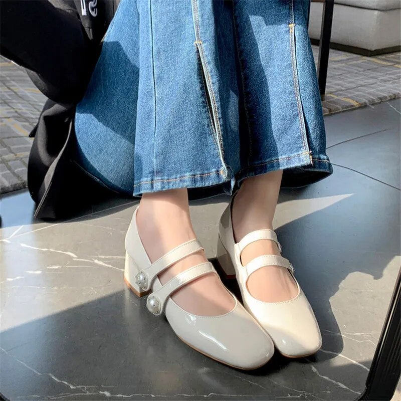 Advbridge New Spring Mary Jane Shoes Casual Shoes Chunky Heels Shoes for Women Square Toe Women Pumps Zapatos Mujer Large Size 34-43