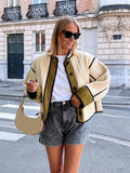 Advbridge 2024 Women Chic Contrast Patchwork Cotton Jacket Elegant Stand Collar Single Breasted Pockets Coat Fall Winter Lady Chic Outwear