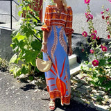 ADVBRIDGE  -  Elegant Short Sleeve Stitching Graphic Party Dress Temperament Lady Vacation Dress Bohemian Waisted V-Neck Long Dress Women