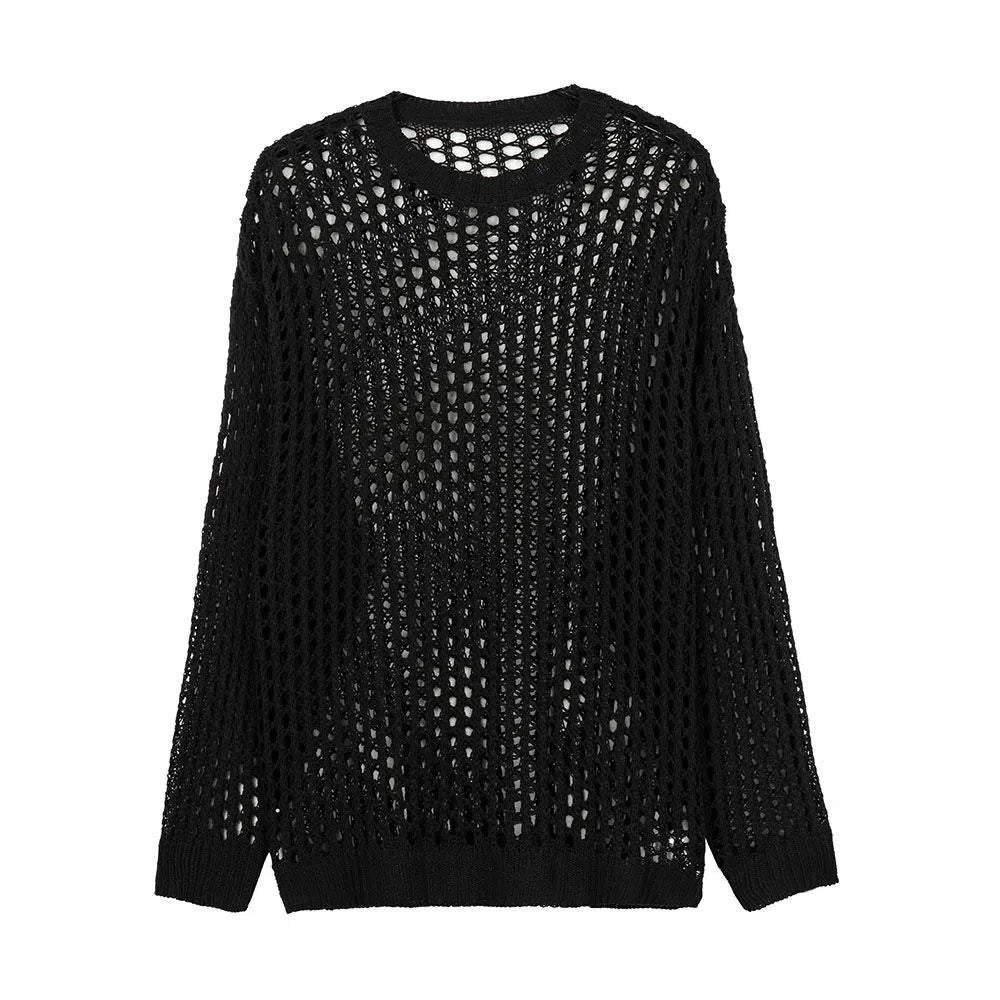 Advbridge Mens Y2k Hollow Out Outfits See-Through Knit Shirts 2024 New Summer Fashion All-Match Casual Geometric Vintage Loose Smock Tops