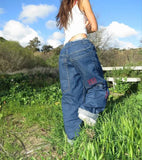 Advbridge Vintage Big Pocket Baggy Blue Jeans Women Casual Fashion High Waist Letter Pattern Trousers Harajuku Wide Leg Straight Pants