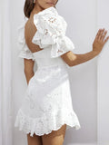 Foridol Ruffles Puff Sleeve White Lace Dress Flower Embriodery Hollow Out Cotton Beach Dress Women Backless Party Mini Dress