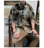 ADVBRIDGE  -  Mens Chinese Traditional Mountain Painting Printed Tang Shirts Frog Button Down Kong Fu Short Sleeve Summer Clothing Male XXXXXL