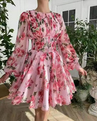 Advbridge Cute A-line Dress Casual Urban Women's Chiffon Round Neck A-line Dress Slim Fits Girdling Long Sleeve Big Swing Dress